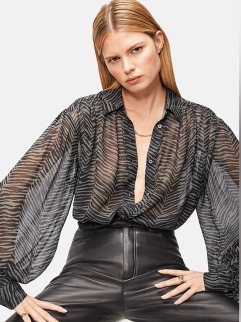 Anine Bing Caleb 100% Silk Sheer Blouse